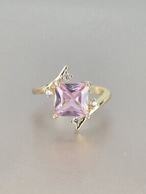 Gold Ring with Pink Princess Cut CZ and Accent Stones